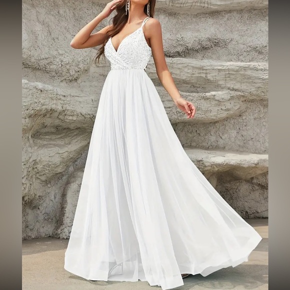 Luxe lace up back mesh sequins bodice party formal prom wedding gown dress - Picture 11 of 16